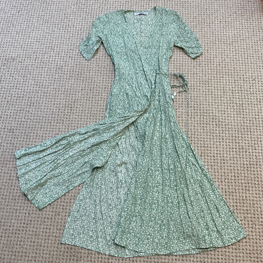 Faithfull the Brand Mint Green Floral Wrap Midi Dress